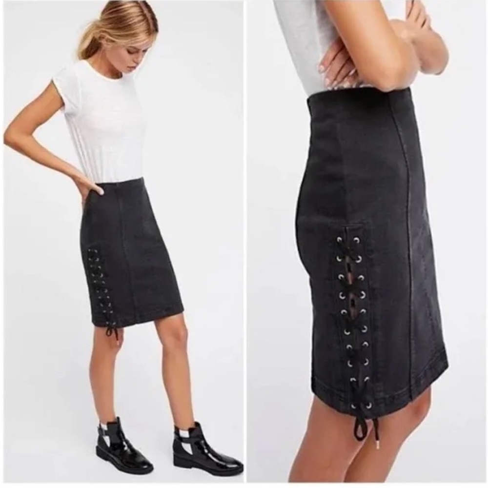 Free People Charcoal Black Denim Stretch Lace Up Slim Grunge Slim Pencil Skirt